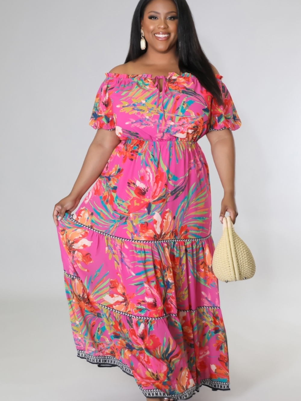 Flying Tomato Hot Pink Tropical One-Shoulder Maxi Dress